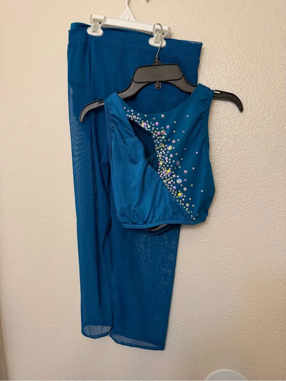 Kelle dance solo costume teal blue 2 piece custom rhinestone MA-Medium adult